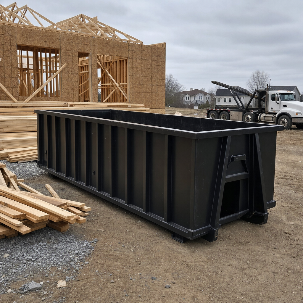 Matte-black 40-yard roll-off dumpster staged on a framed-out residential construction site in Monterey Park, framing lumber stacked nearby, hooklift delivery truck visible in the background under bright Colorado daylight