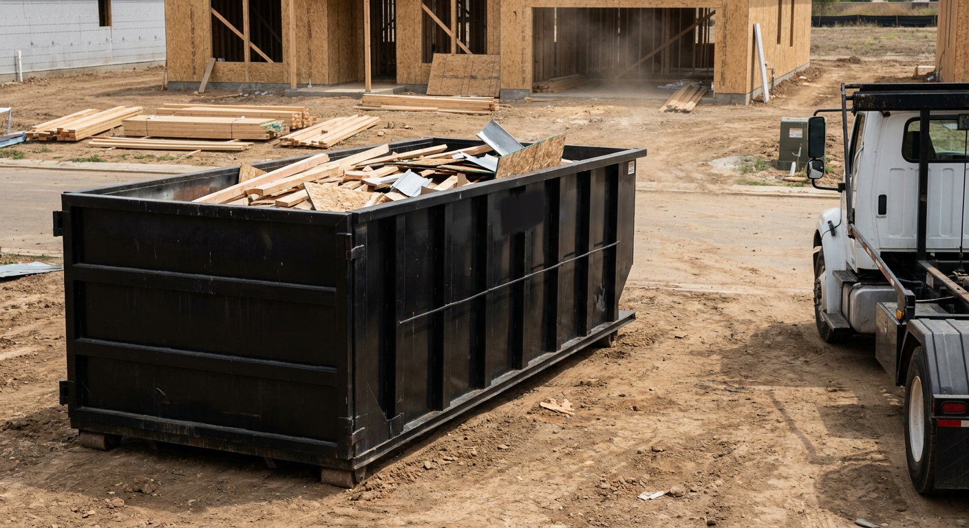 Matte-black 20-yard roll-off construction dumpster with heavy ribbed steel sidewalls and swing rear doors at a working jobsite in Monterey Park, sitting directly on compacted dirt with an unmarked white hauler partially visible at the far edge of the frame.