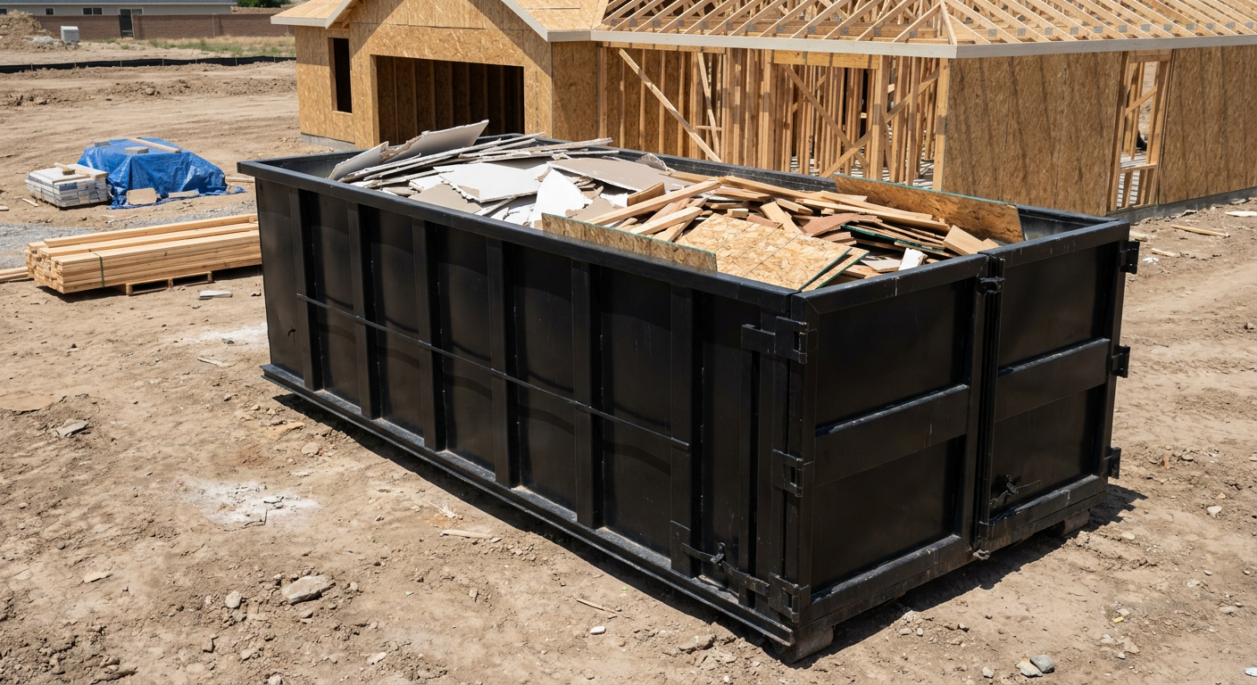 Matte-black 30-yard roll-off construction dumpster sitting directly on the compacted-dirt site of a framed single-family home build in Monterey Park, drywall and lumber scrap loaded inside.