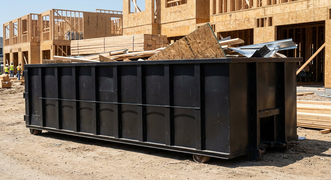 Matte-black 40-yard roll-off construction dumpster being lowered from a white-cab hooklift delivery truck onto the compacted-dirt jobsite at a commercial build site in Monterey Park
