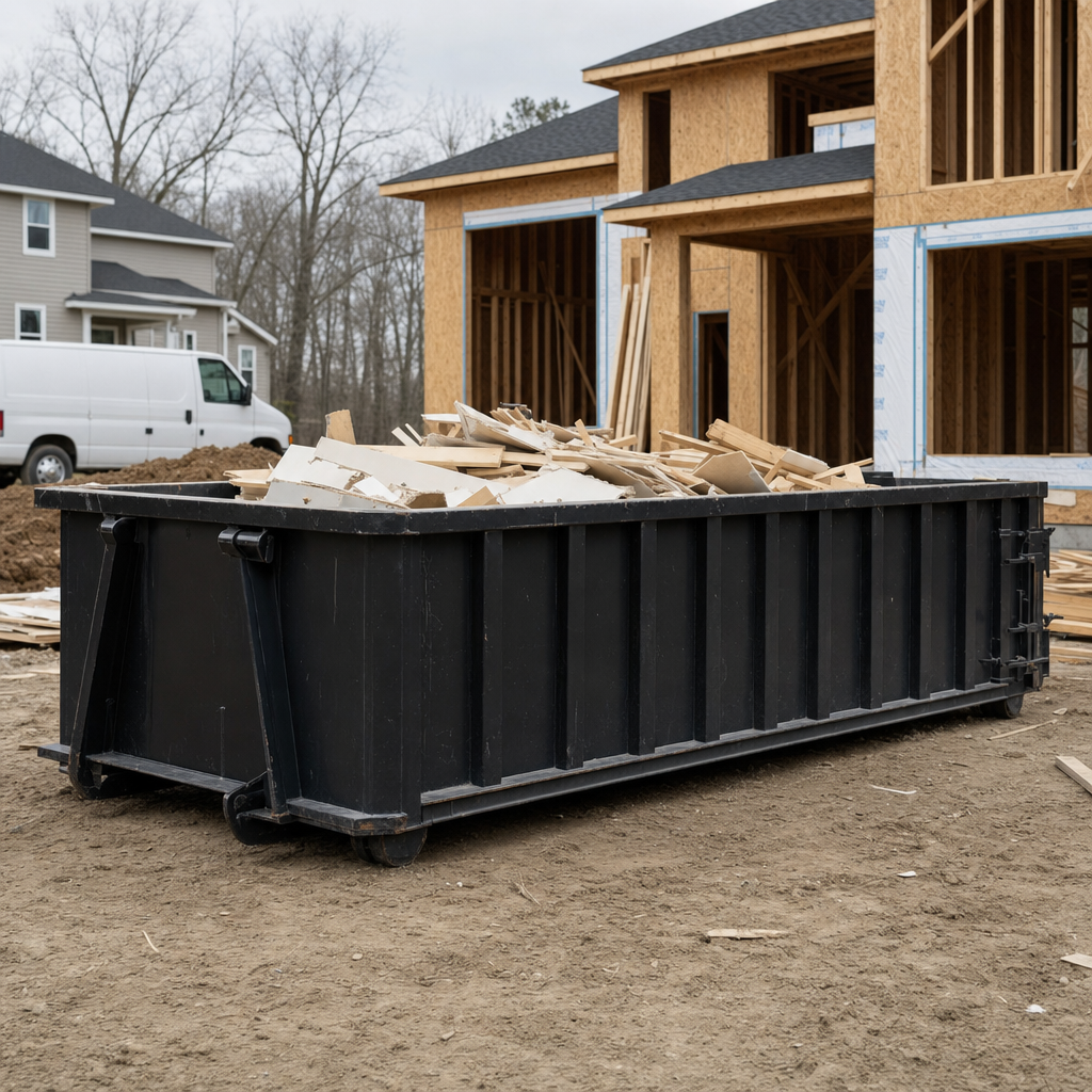 Worker in a yellow high-visibility vest tossing framing lumber and broken drywall into a matte-black 30-yard construction roll-off dumpster on an active build site in Monterey Park, bright daylight