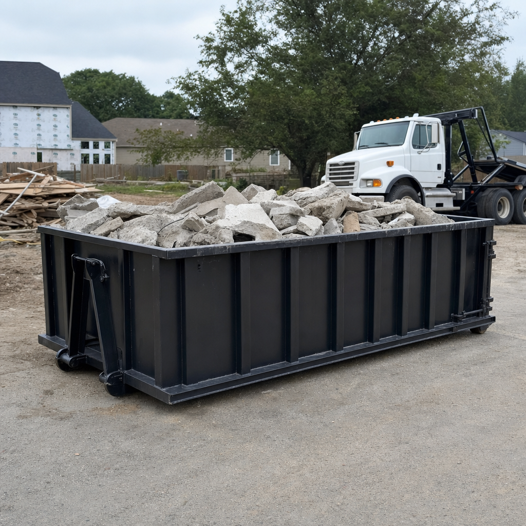 Low-profile matte-black lowboy roll-off dumpster loaded with broken concrete slab and rebar at a foundation tear-out in Monterey Park, skid steer parked beside it, sunny Colorado morning