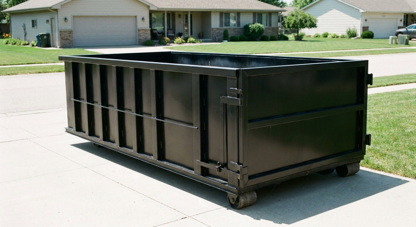 Matte-black 10-yard roll-off dumpster on a residential concrete driveway in Monterey Park, uniformly painted matte black across every panel and rail, ribbed steel sidewalls and rear swing door visible, mid-day daylight.