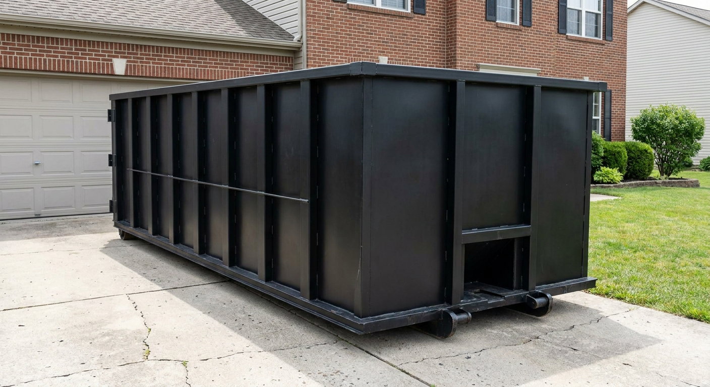 Matte-black 20-yard roll-off container on a Monterey Park residential concrete driveway with reinforced ribbed steel sidewalls and a hinged rear walk-in door, clean bright daylight.