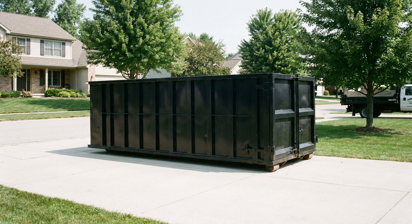 Matte-black 20-yard roll-off dumpster sitting level on a clean Monterey Park residential concrete driveway under bright daylight, demonstrating clean placement directly on the concrete.