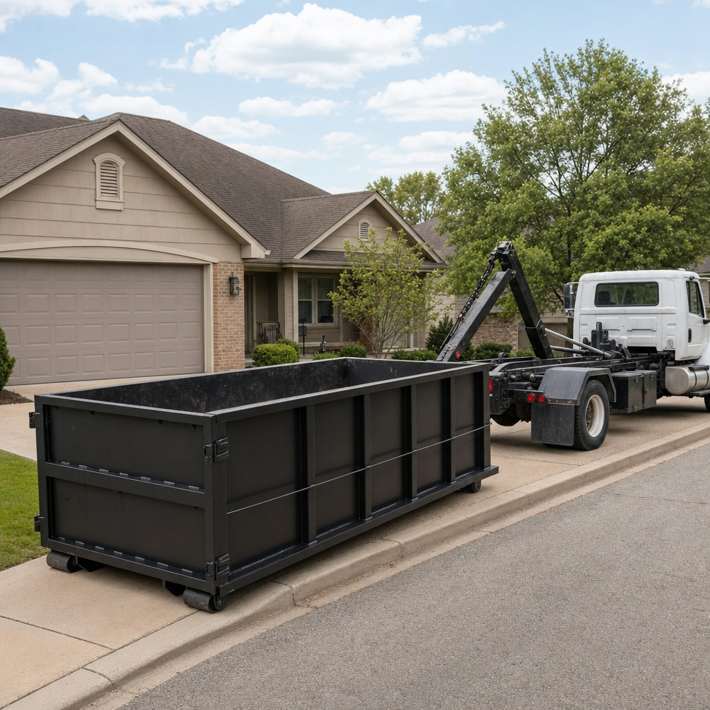Wide documentary shot of a matte-black roll-off dumpster on a Monterey Park residential driveway in the foreground and a contractor jobsite container in the soft-focus background, bright daylight, calm and orderly composition.