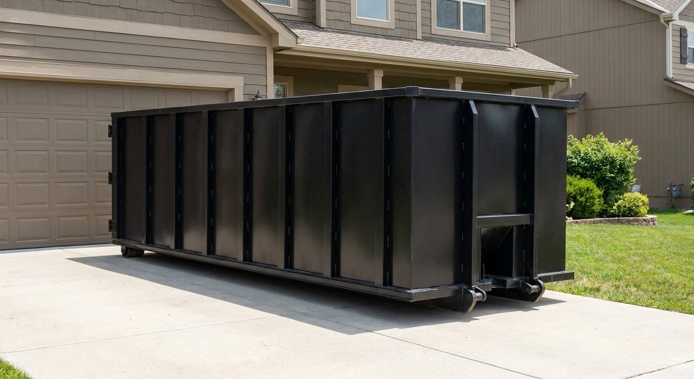 Matte-black residential roll-off dumpster sitting directly on a suburban Monterey Park concrete driveway, garage door closed, single-family home in background, bright morning daylight.