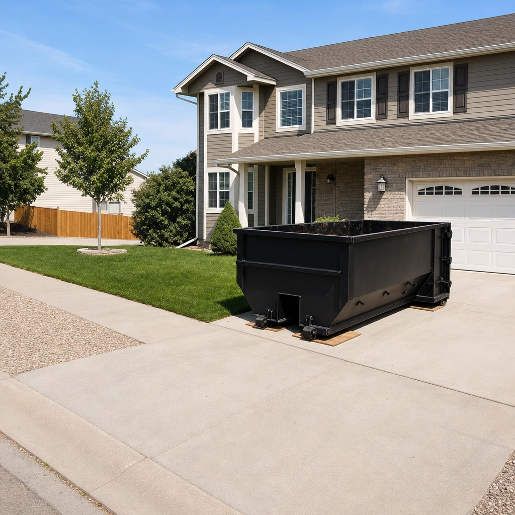 10-yard matte-black residential dumpster placed directly on a narrow Monterey Park concrete driveway, room remains for a parked sedan beside it, mid-morning natural light