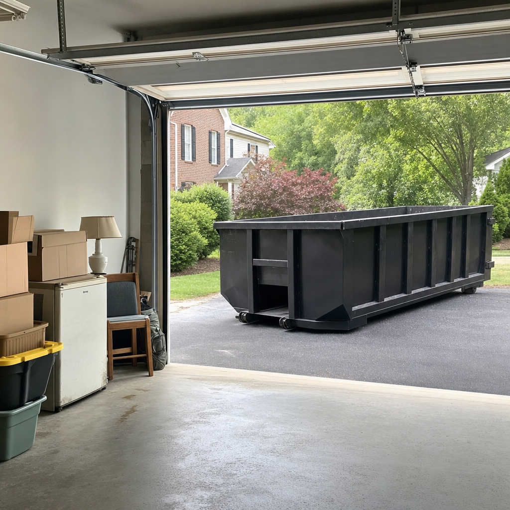 Open garage interior in a Monterey Park home mid-cleanout — boxed items, an old appliance, and stacked yard tools queued near the driveway for a matte-black roll-off dumpster, organized and calm