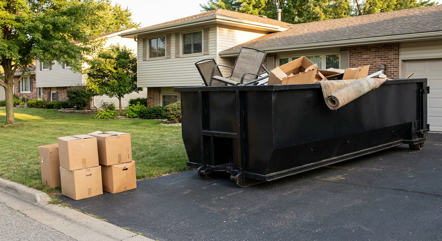 Front-yard view of a Monterey Park split-level home with a 20-yard matte-black roll-off dumpster sitting directly on the asphalt driveway, a few clearly labeled donation boxes staged at the curb, calm sunny afternoon.