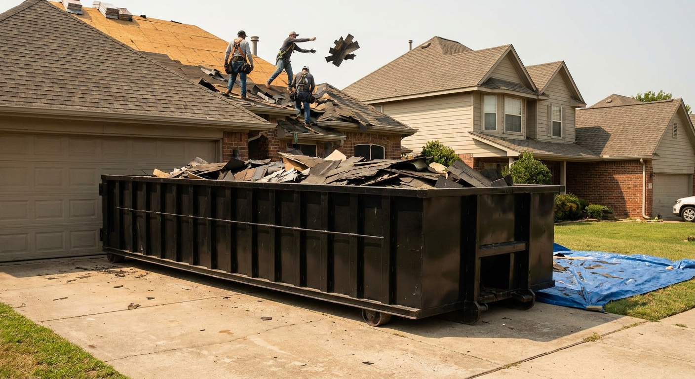 Matte-black roofing roll-off dumpster placed directly on a Monterey Park residential concrete driveway, a tear-off crew on a two-story asphalt-shingle roof tossing shingle bundles into the low-walled container, bright daylight, documentary 35mm perspective.