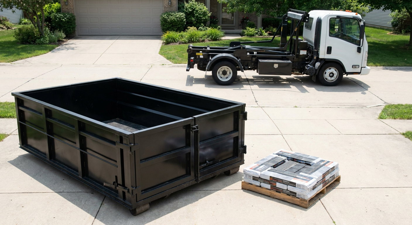 Matte-black 15-yard roofing roll-off dumpster with reinforced low side walls sitting directly on a Monterey Park residential concrete driveway, three-tab asphalt shingle bundles stacked nearby, an unmarked white hauler truck partially visible at the edge of the frame.