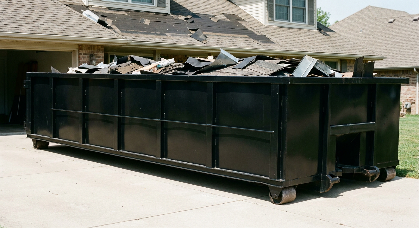 Matte-black 20-yard roofing roll-off dumpster with steel ribbed sides and swinging rear door, sitting directly on the concrete driveway of a two-story Monterey Park home, asphalt shingle debris being loaded over the low wall, clean documentary lighting.