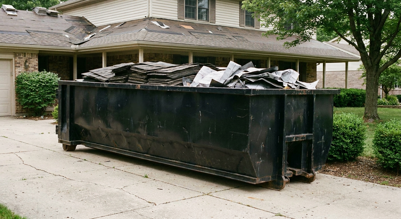 Matte-black 30-yard roofing roll-off dumpster sitting directly on a Monterey Park concrete driveway, taller ribbed steel side panels, mixed tear-off debris of asphalt shingles and underlayment inside, professional documentary daylight.