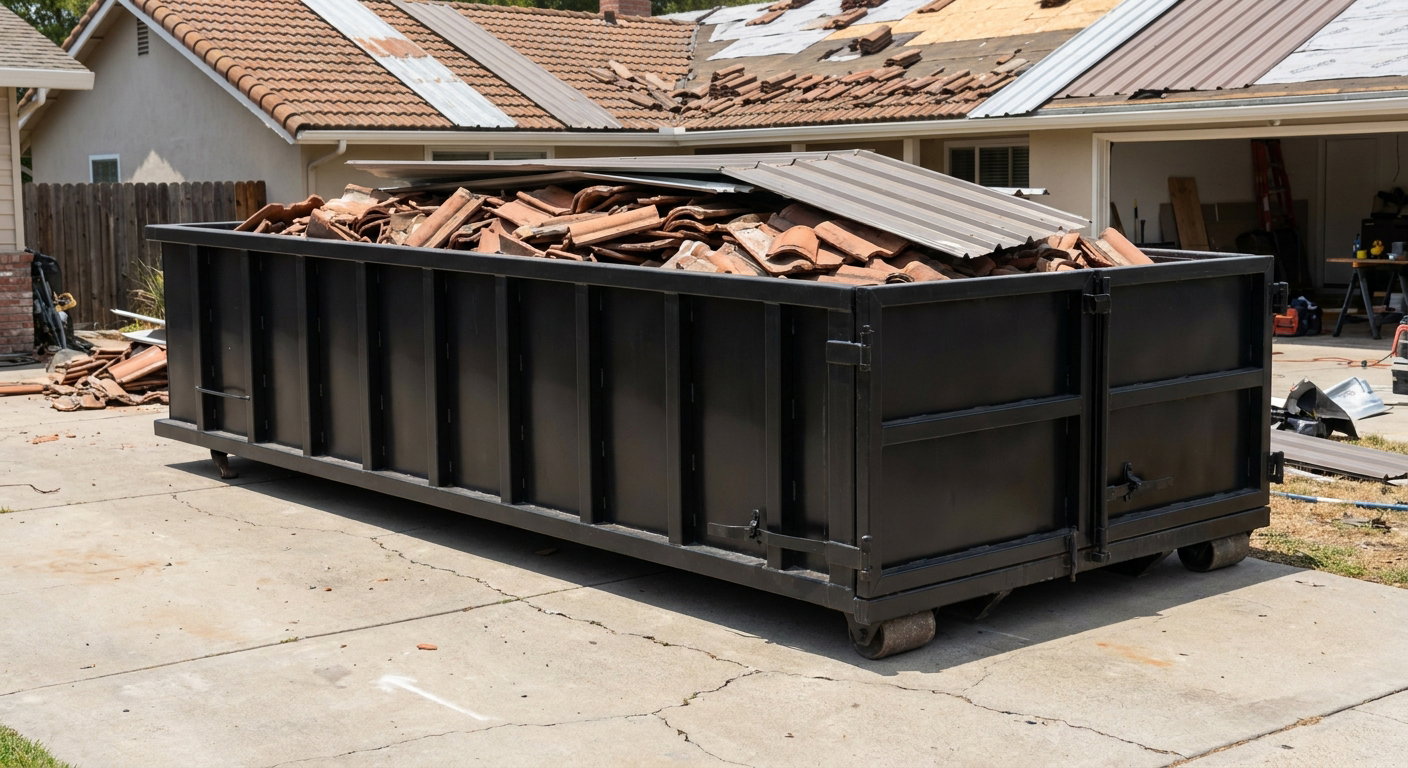 Matte-black low-wall heavy-debris roofing roll-off dumpster sitting directly on a Monterey Park concrete driveway, broken concrete clay roof tiles and metal panel sections loaded inside, reinforced ribbed steel side walls visible, bright outdoor daylight.