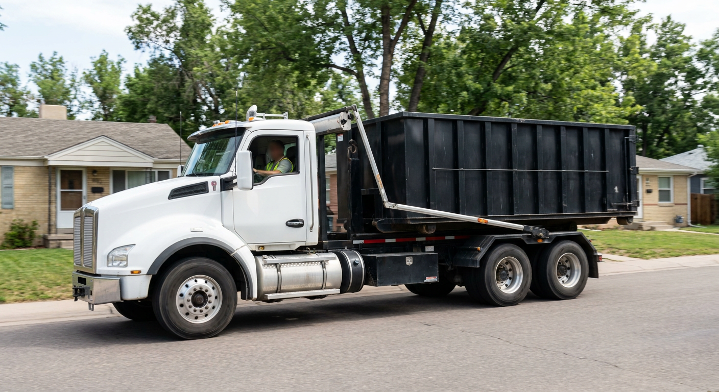 A wide documentary shot of a matte-black roll-off delivery truck pulling onto a quiet Monterey Park residential street at mid-morning, with neighborhood rooftops and tree-lined blocks visible behind, showing the metro coverage footprint.