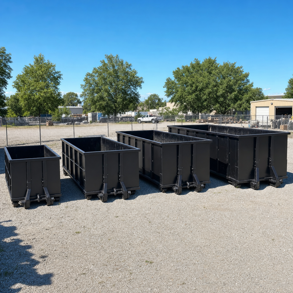 A clean lineup of matte-black roll-off dumpsters in 10, 20, 30, and 40-yard sizes staged on a sunlit gravel yard in Monterey Park, showing the size progression from compact to commercial-scale containers.