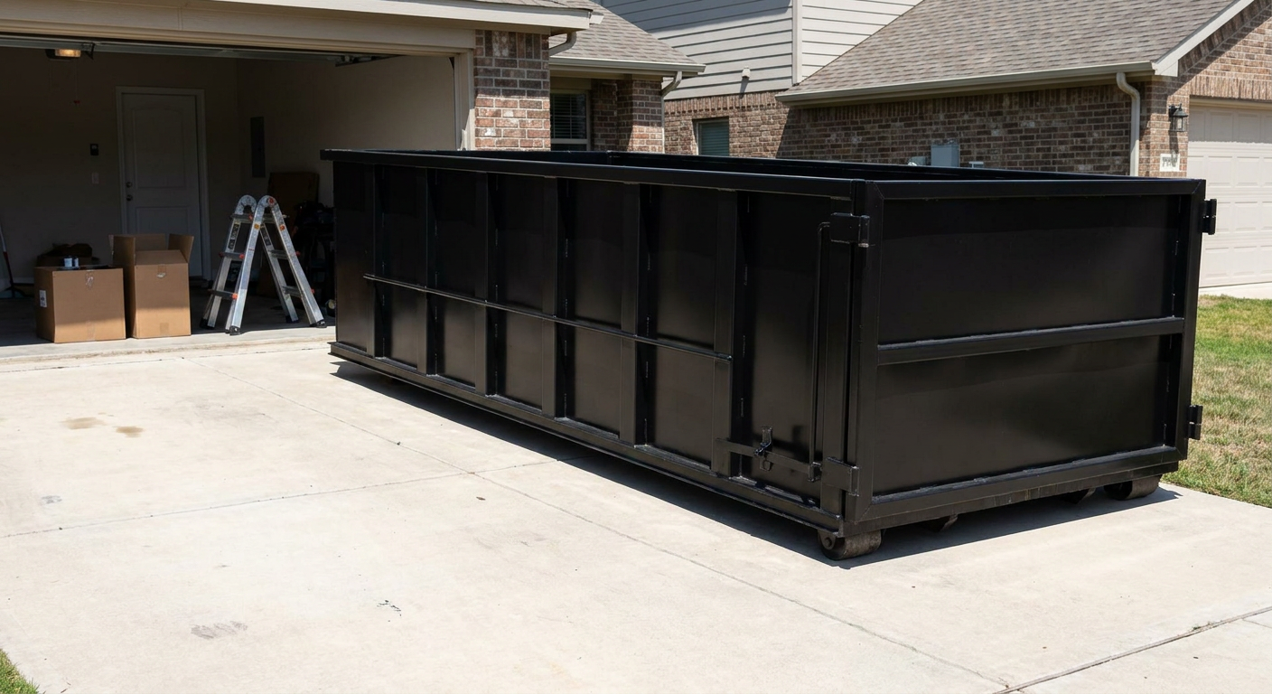 A matte-black 10-yard roll-off dumpster sitting directly on a residential Monterey Park concrete driveway, mid-day sunlight, clean and ready for a garage cleanout.