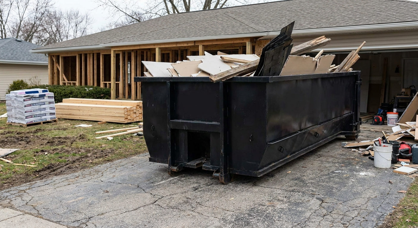 A matte-black 20-yard roll-off dumpster placed alongside a mid-renovation Monterey Park home directly on the asphalt driveway, with framing materials and torn-off shingles staged neatly nearby.