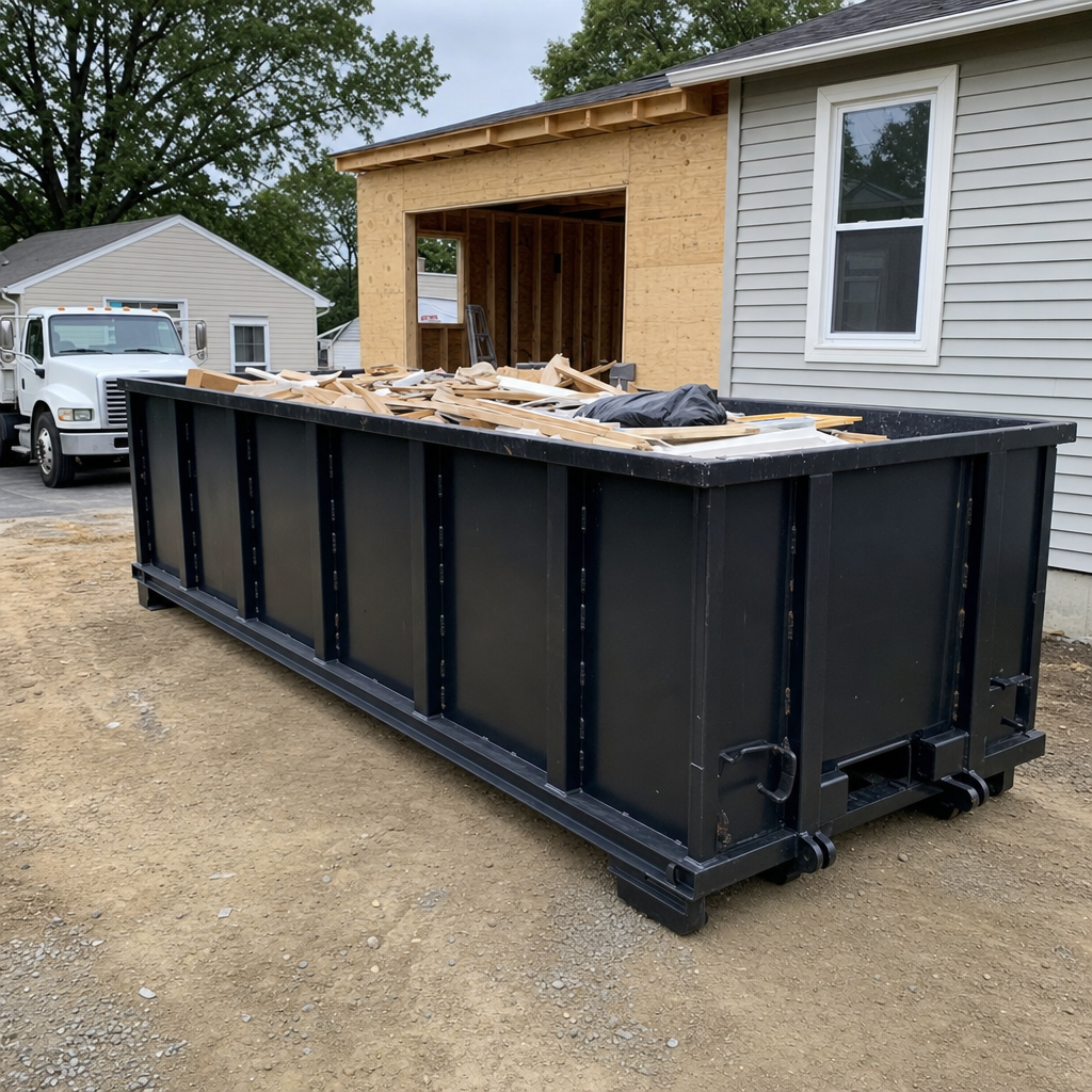 A matte-black 30-yard roll-off dumpster positioned at a Monterey Park residential addition jobsite, with framing lumber and drywall scraps loaded through the open swinging rear doors.