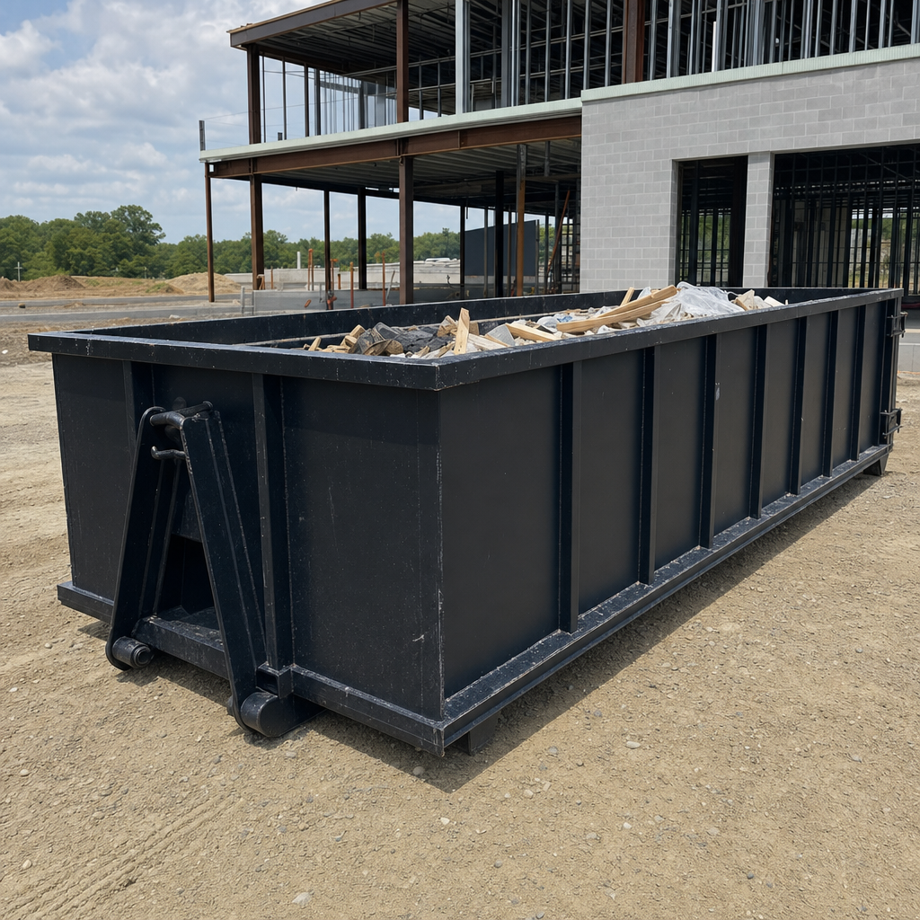 A matte-black 40-yard roll-off dumpster staged on a large Monterey Park commercial construction lot, with a hooklift delivery truck parked alongside under bright midday sky.