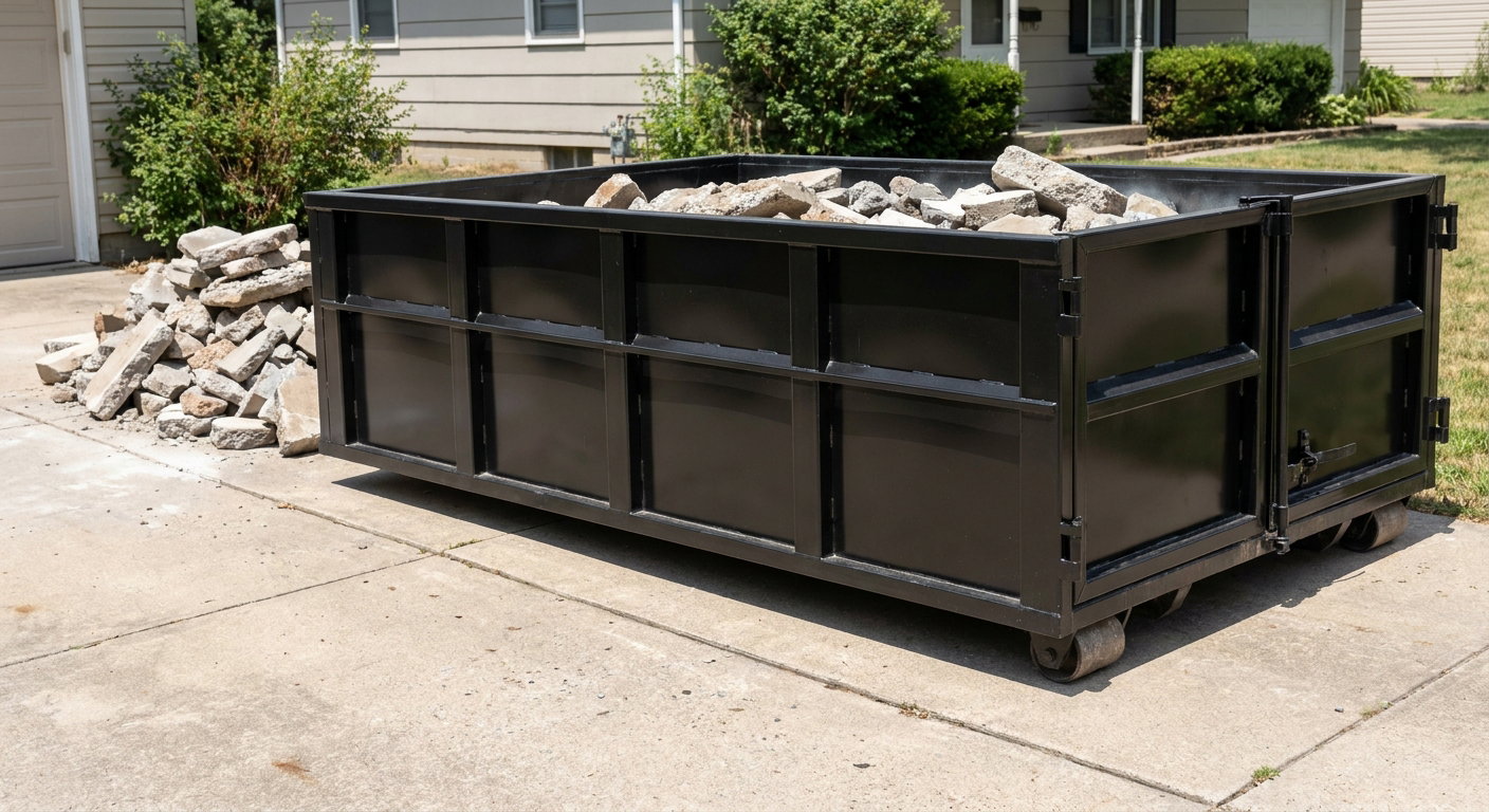 A matte-black low-side heavy-debris roll-off dumpster placed directly on a Monterey Park concrete driveway, with broken concrete chunks neatly stacked beside it under clean daylight.